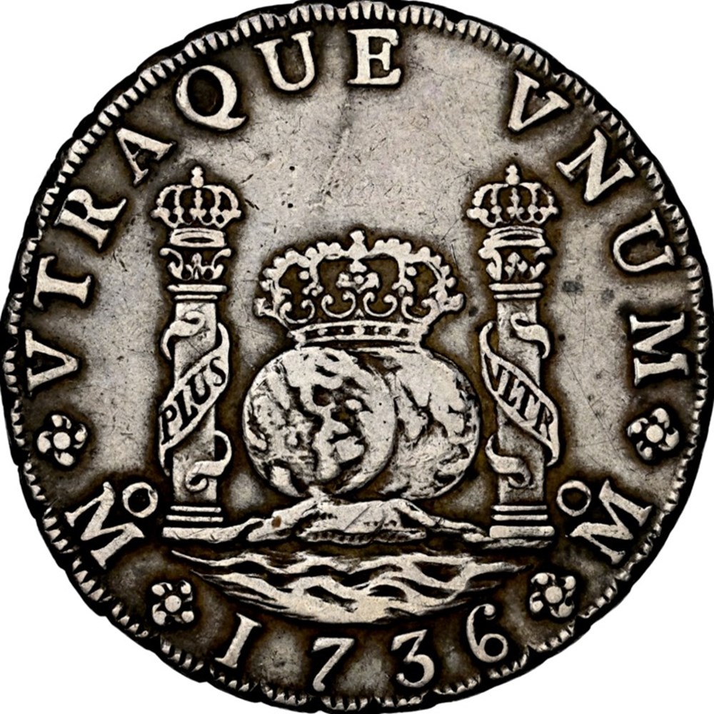 coins colonies mexico spanish colonial 1736 mo mf silver 8 reales pillar dollar mexico city mint