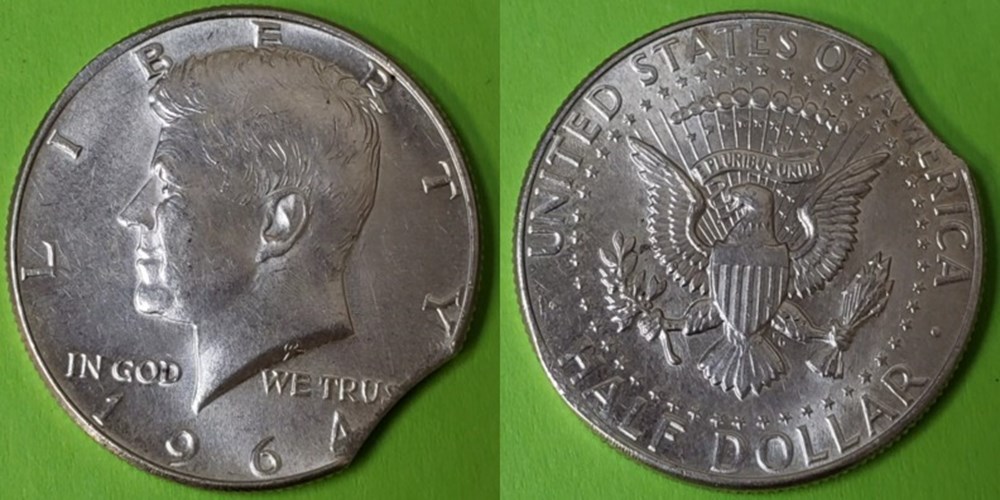 United States: 1964 silver Kennedy half dollar, clipped planchet error coins world united states 1964 silver kennedy half dollar clipped planchet error