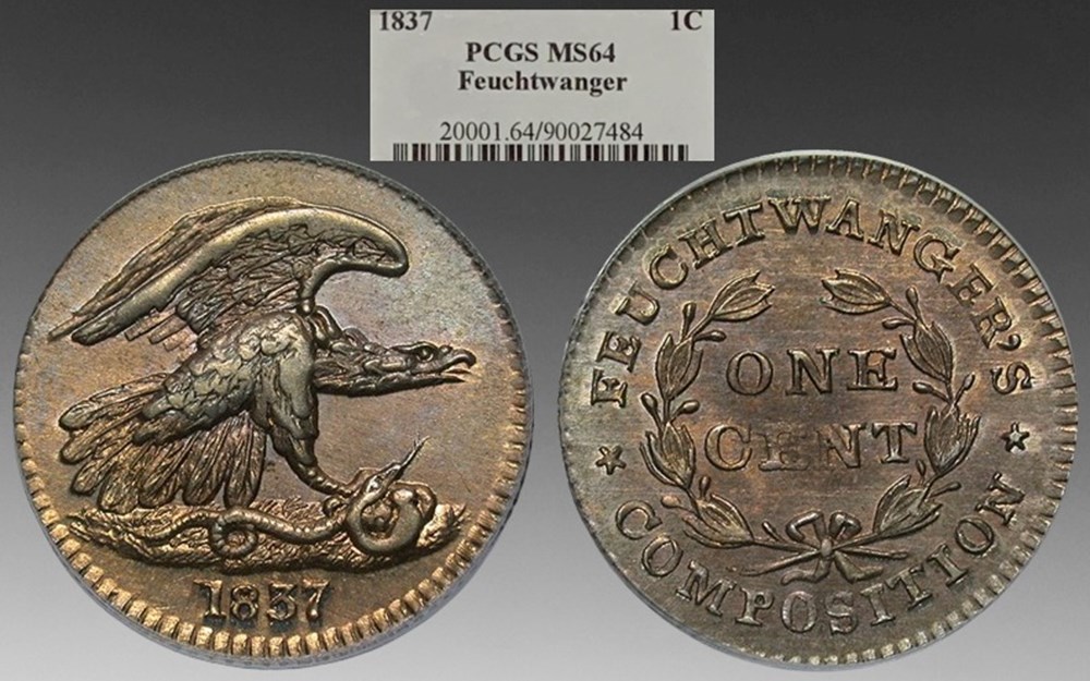 United States (New York): 1837 nickel silver private pattern cent, Feuchtwanger's Composition coins exonumia tokens weights united states new york 1837 nickel silver private pattern cent feuchtwanger s composition