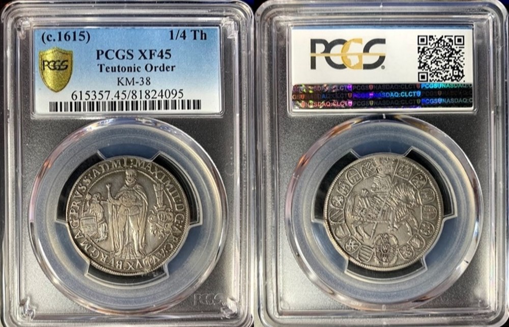 German States (Teutonic Order): ca. 1615 silver 1/4-thaler of Grand Master Maximilian of Austria 5 coins european medieval other german states teutonic order ca 1615 silver 1 4 thaler of grand master maximilian of austria