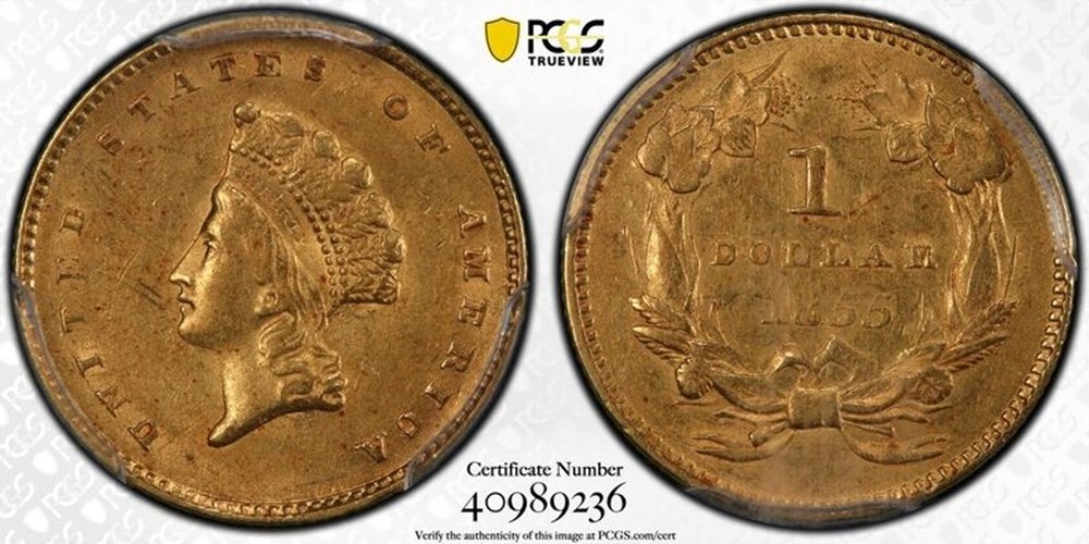 United States: 1855 gold dollar, Type 2, Small Indian Head 2 coins world united states 1855 gold dollar type 2 small indian head