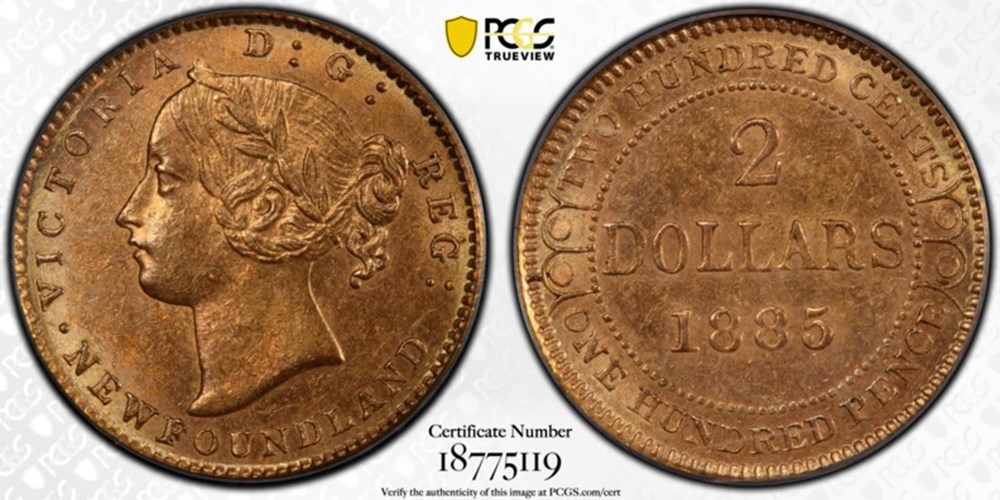 Canada (Newfoundland): 1885 gold 2 dollars of Queen Victoria 2 coins world canada newfoundland 1885 gold 2 dollars of queen victoria