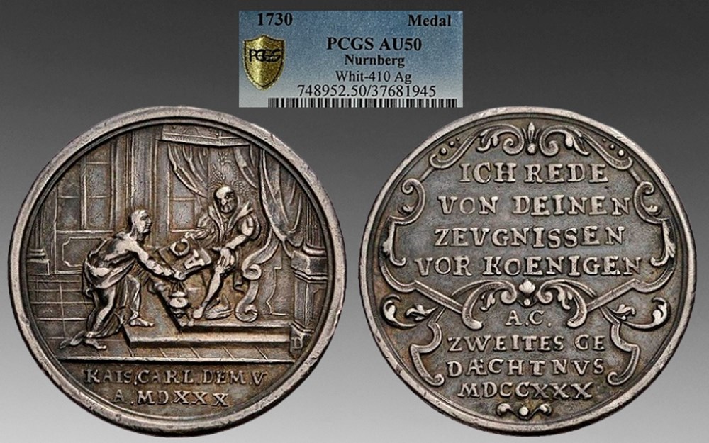 Germany (Nürnberg): 1730 silver Augsburg Confession medal by Daniel Dockler the Younger coins exonumia tokens weights germany nurnberg 1730 silver augsburg confession medal by daniel dockler the younger