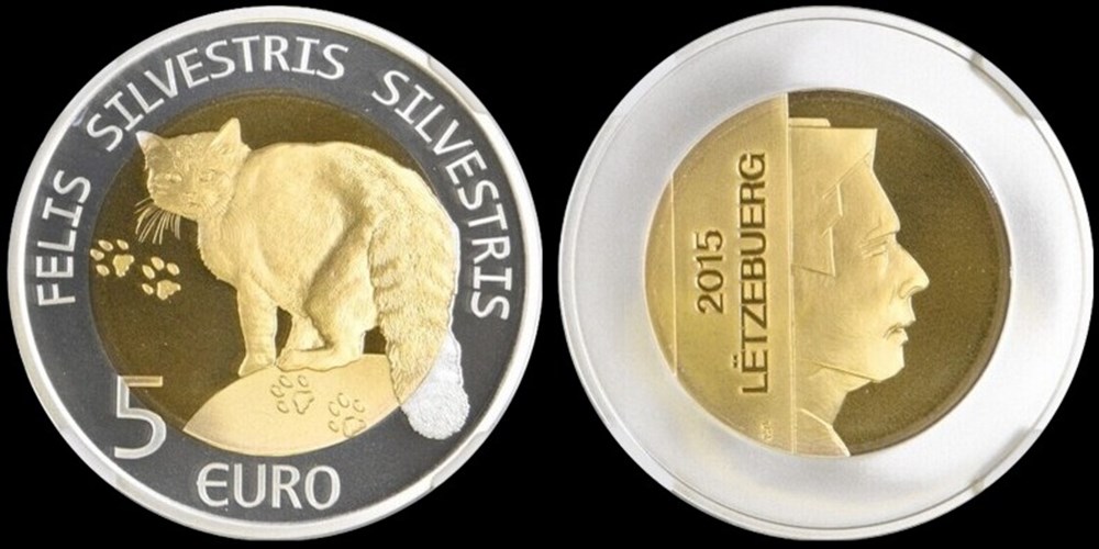 Luxembourg: 2015 proof bimetallic (silver & Nordic gold) 5 euros of Henri I, European Wildcat 2 coins to luxembourg 2015 proof bimetallic silver nordic gold 5 euros of henri i european wildcat