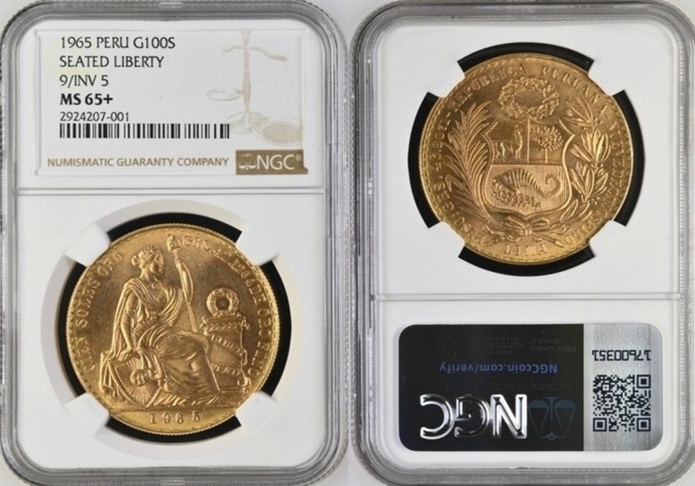 coins world peru 1965 gold 100 soles seated liberty type 9 over inverted 5 variety