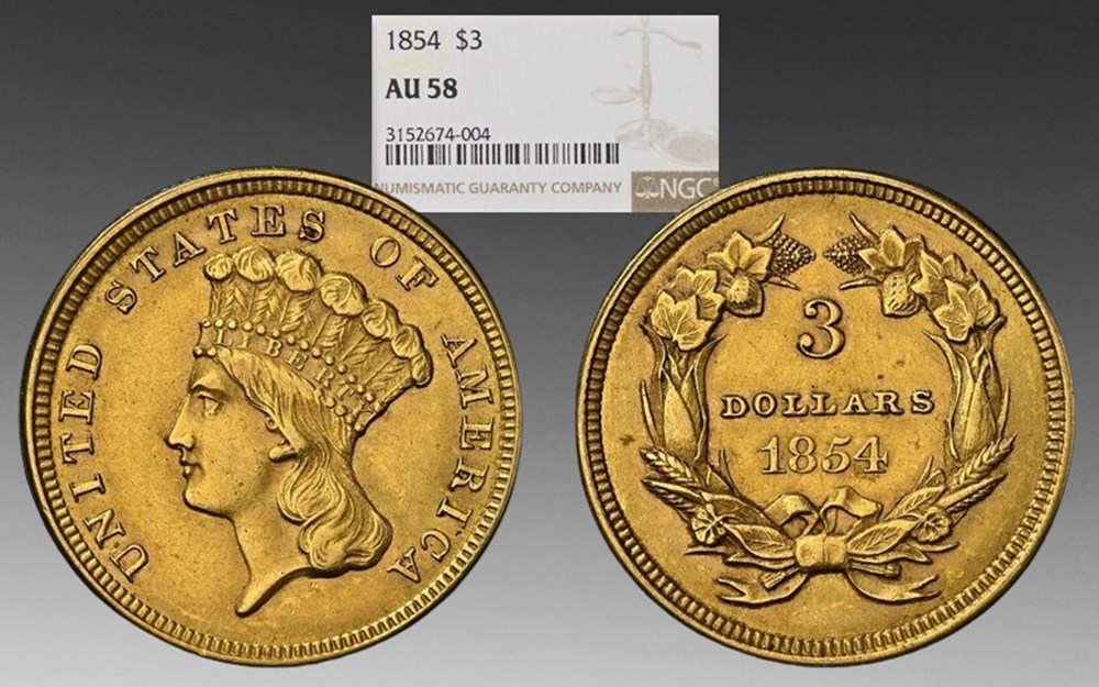 coins world united states 1854 gold 3 dollar piece indian princess