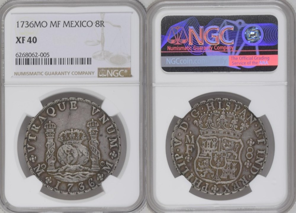 coins colonies mexico spanish colonial 1736 mo mf silver 8 reales pillar dollar mexico city mint