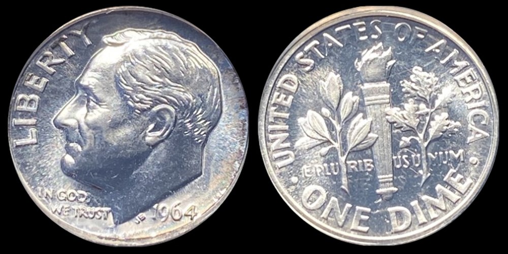 United States: silver proof Roosevelt dime, 1964 (Breen-3757 Pointed 9 variety) 2 coins world united states silver proof roosevelt dime 1964 breen 3757 pointed 9 variety