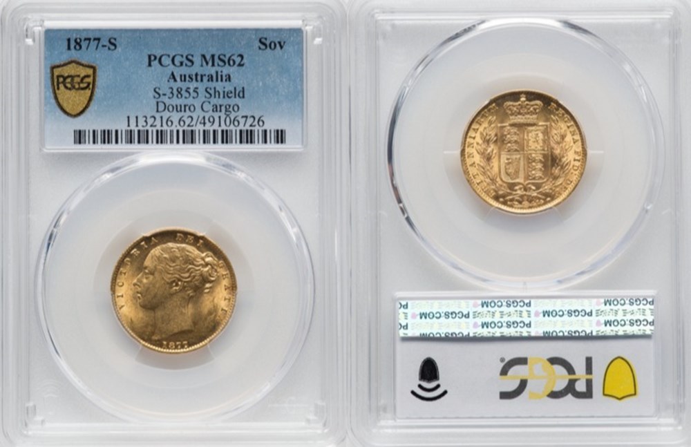 Australia: 1877-S gold “Shield” sovereign of Queen Victoria, from the 1881 RMS Duoro shipwreck 5 coins world australia 1877 s gold shield sovereign of queen victoria from the 1881 rms duoro shipwreck