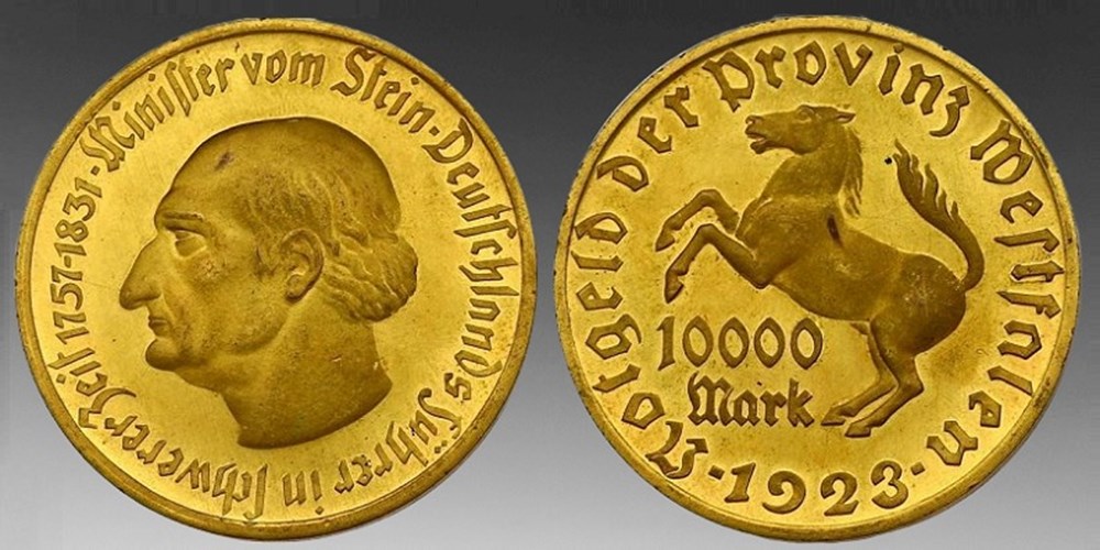 Germany (Westphalia): 1923 gilt bronze hyperinflationary 10,000-mark notgeld token 3 coins exonumia tokens weights germany westphalia 1923 gilt bronze hyperinflationary 10 000 mark notgeld token