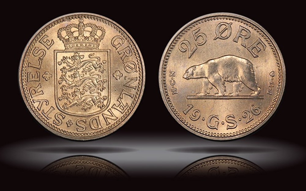 Greenland: 1926 (h) HCN GJ copper-nickel 25-øre, Copenhagen mint 4 coins world greenland 1926 h hcn gj copper nickel 25 re copenhagen mint