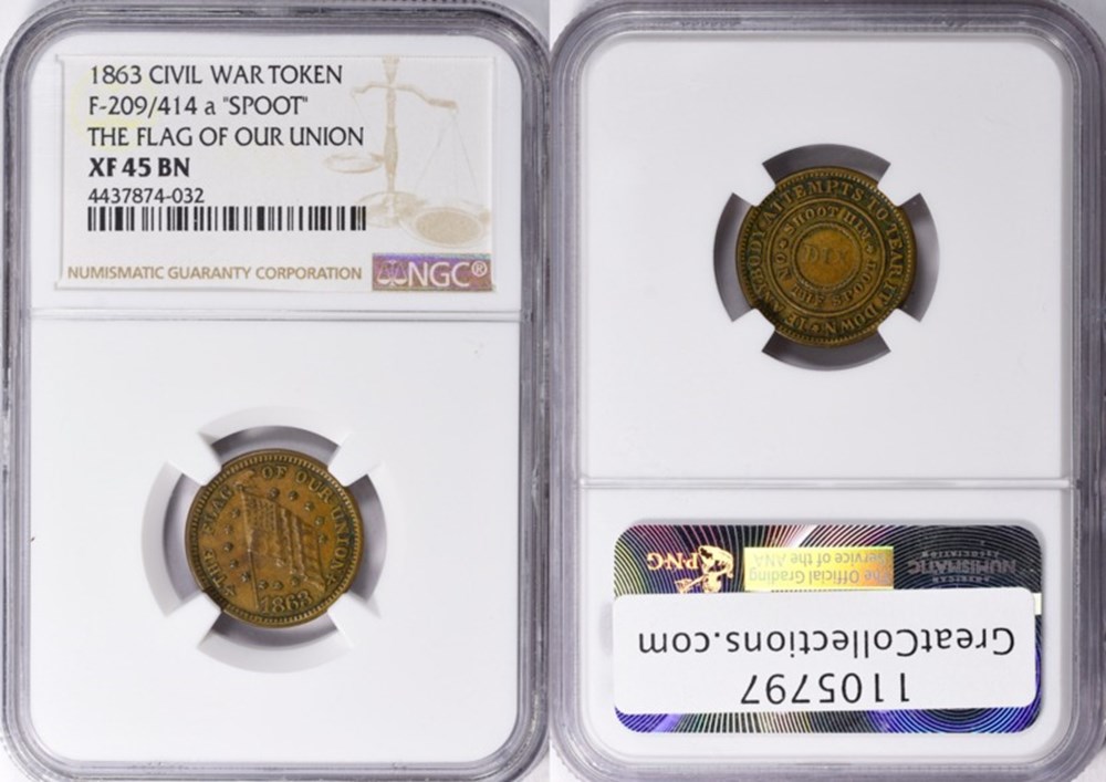 United States: bronze patriotic Civil War token: "The Flag of Our Union", 1863 (with "SPOOT" error) 5 coins exonumia tokens weights united states bronze patriotic civil war token the flag of our union 1863 with spoot error