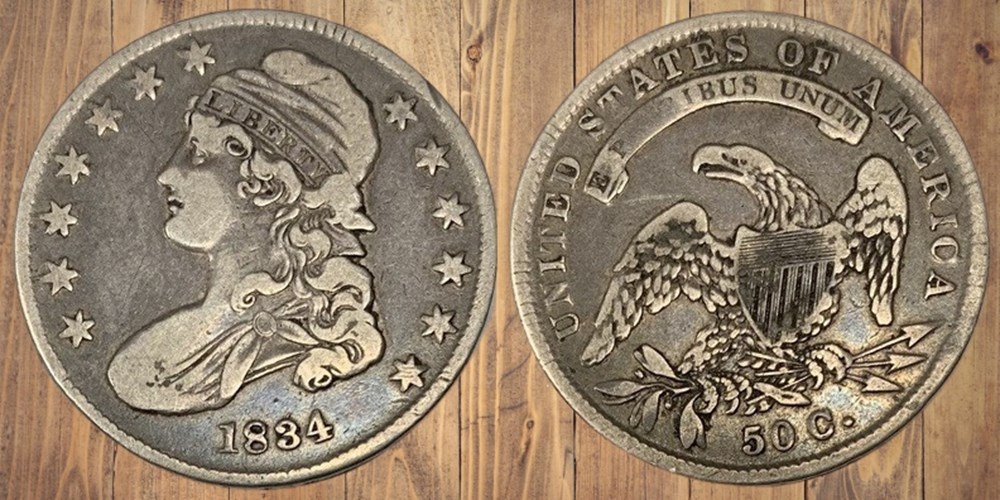 United States: silver Capped Bust half dollar, 1834, Small Date, Small Letters variety 3 coins world united states silver capped bust half dollar 1834 small date small letters variety