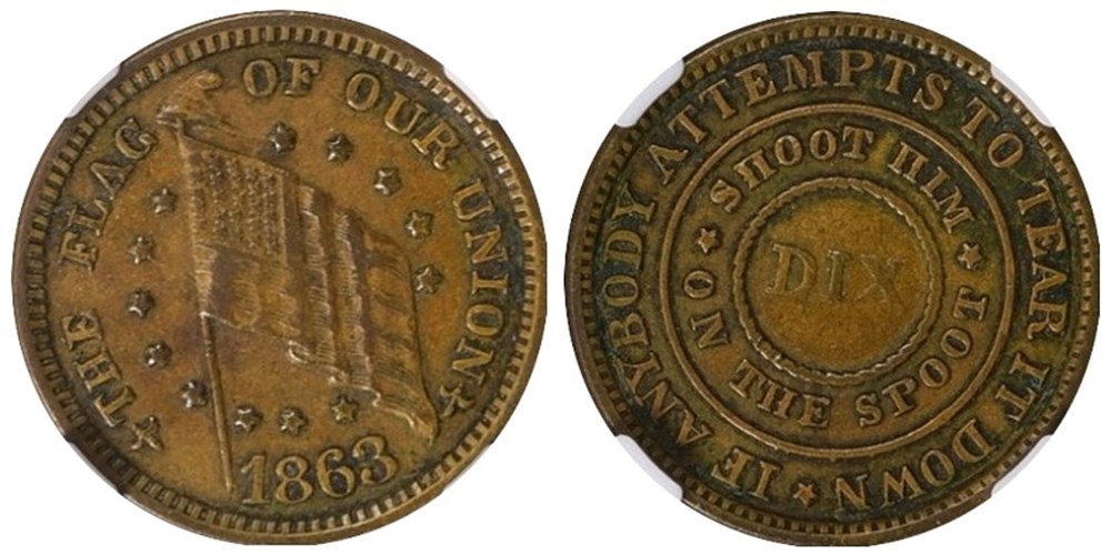 United States: bronze patriotic Civil War token: "The Flag of Our Union", 1863 (with "SPOOT" error) 2 coins exonumia tokens weights united states bronze patriotic civil war token the flag of our union 1863 with spoot error