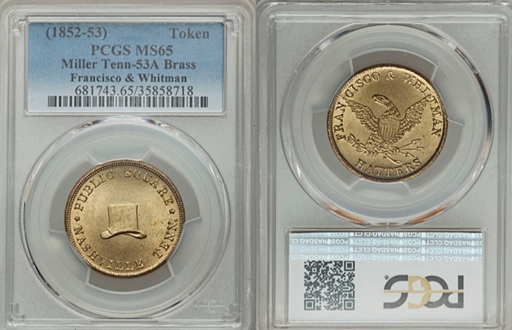 United States (Nashville, TN): ca. 1852-1853 brass merchant token, Francisco & Whitman, Hatters 5 coins exonumia tokens weights united states nashville tn ca 1852 1853 brass merchant token francisco whitman hatters
