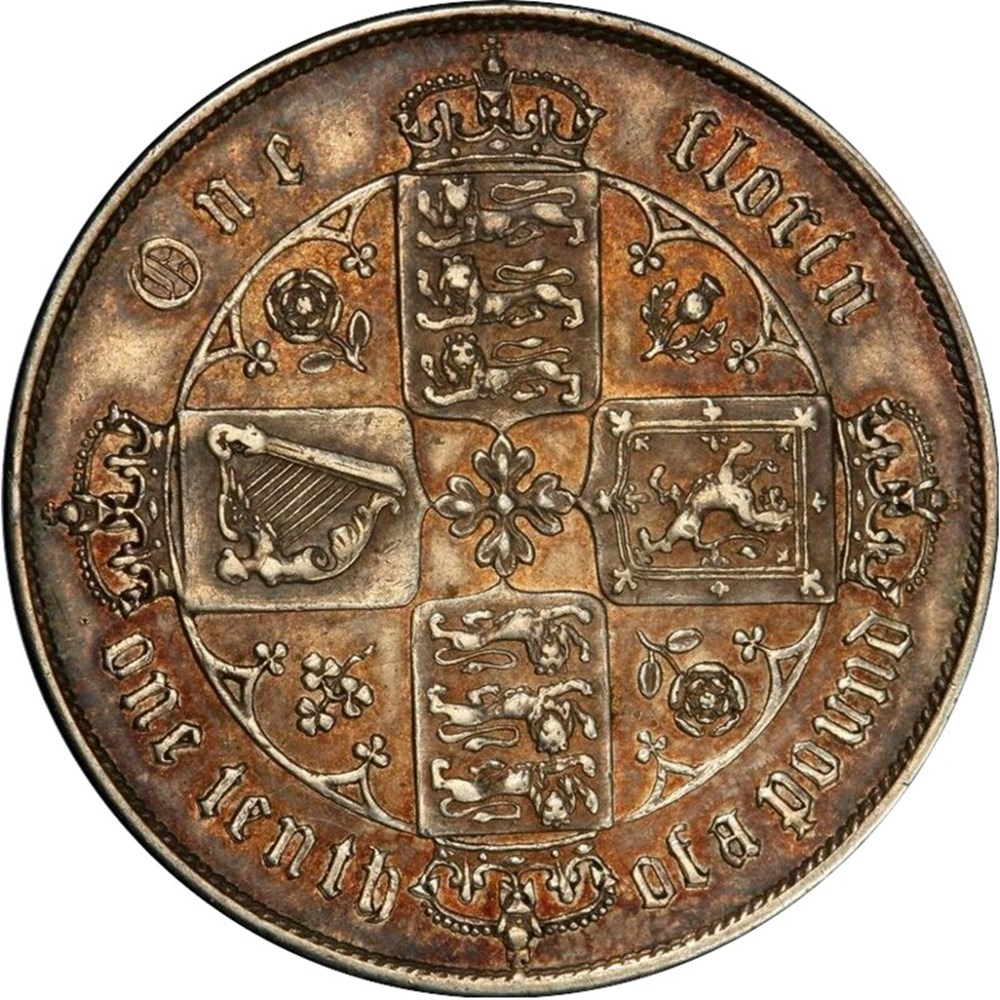 coins world united kingdom great britain 1865 silver florin of queen victoria gothic type die 13