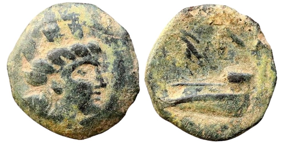 Phoenicia (Arados): bronze Æ17, ca. 242-166 BC; turreted head of Tyche / Athena on ship's prow 3 coins ancient to greek phoenicia arados bronze 17 ca 242 166 bc turreted head of tyche athena on ship s prow