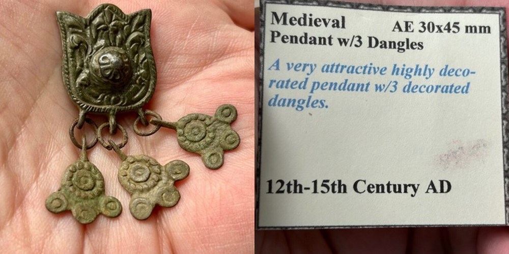 (Artifact) ca. 1100-1500 AD bronze medieval pendant with 3 decorated dangles antiquities archaeology europe artifact ca 1100 1500 ad bronze medieval pendant with 3 decorated dangles