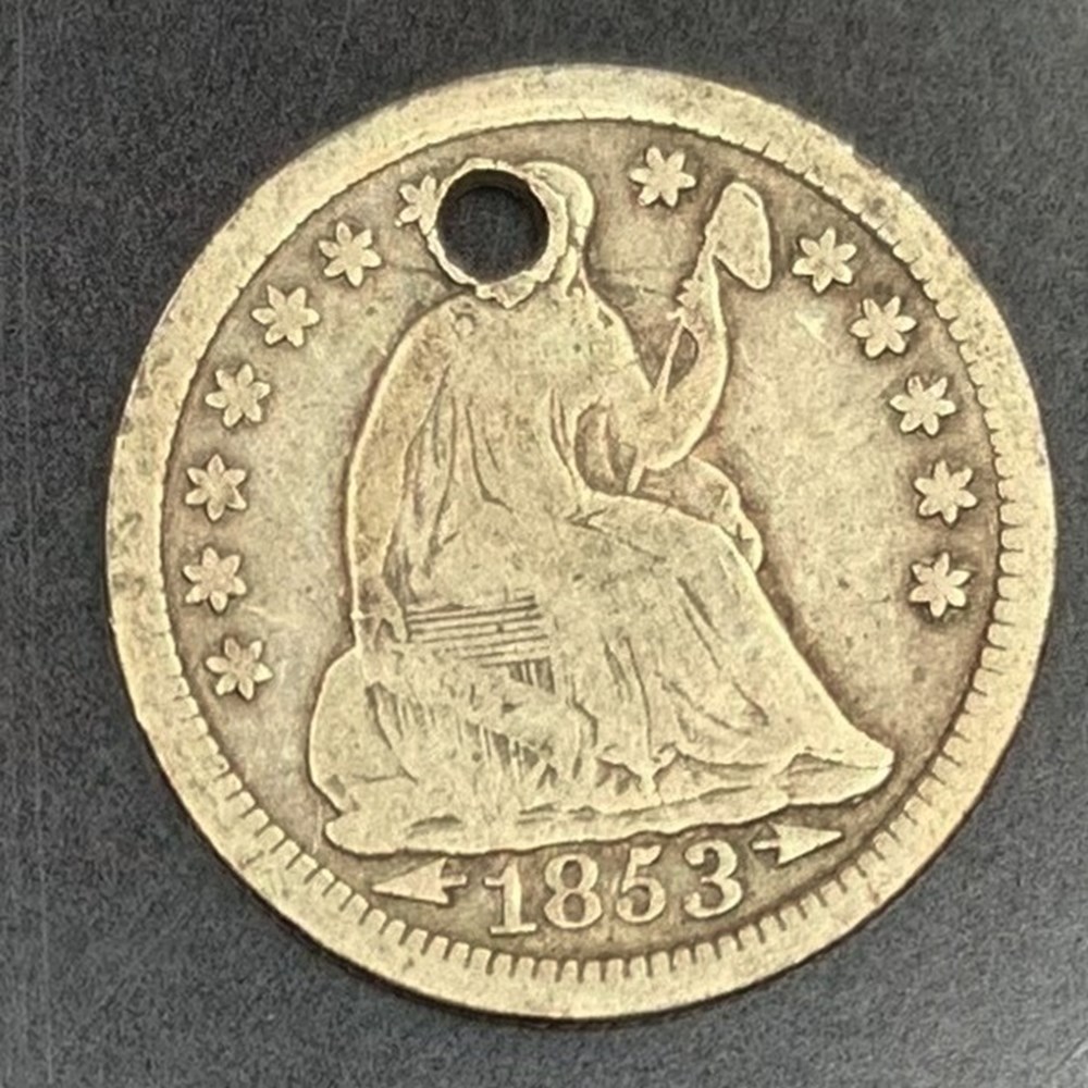 USA: 1853 (arrows) Seated Liberty half dime, holed 3 coins world united states usa 1853 arrows seated liberty half dime holed