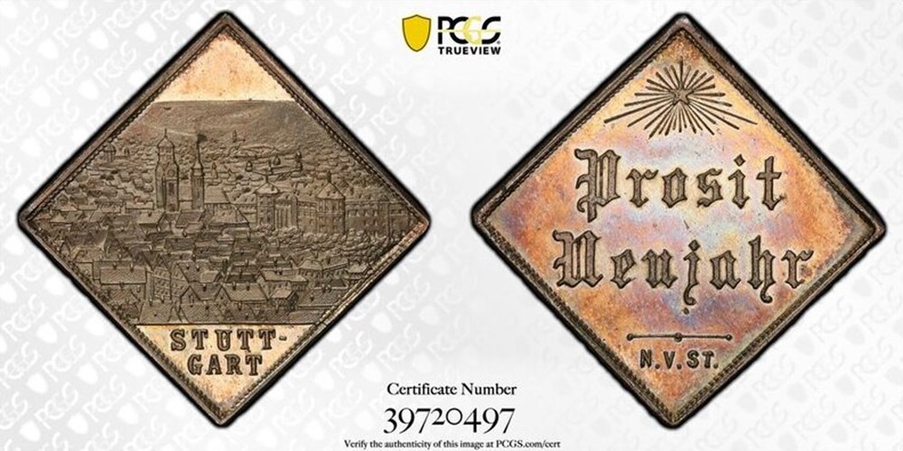 Germany (Wurttemburg): ca. 1904 silver klippe, Stuttgart Numismatic Association, "Happy New Year" 2 coins exonumia tokens weights germany wurttemburg ca 1904 silver klippe stuttgart numismatic association happy new year