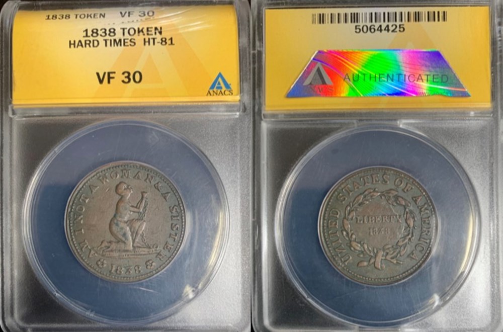 United States: 1838 copper Hard Times token, anti-slavery "Am I Not A Woman" type 5 coins exonumia tokens weights united states 1838 copper hard times token anti slavery am i not a woman type