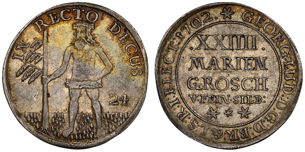 coins world germany german states brunswick luneberg calenberg hannover 1702 silver 24 mariengroschen wildman type