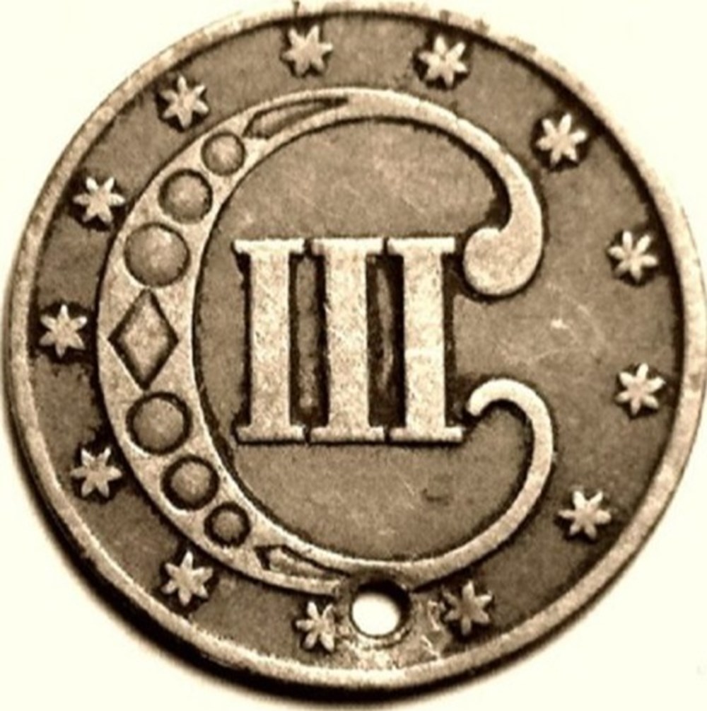 coins world united states usa 1852 silver 3 cent piece holed