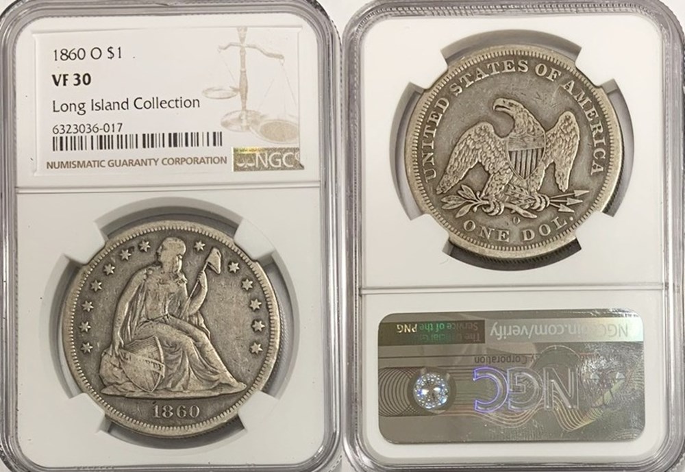 United States: 1860-O silver Seated Liberty dollar, No Motto, ex-Long Island Collection 5 coins world united states 1860 o silver seated liberty dollar no motto ex long island collection