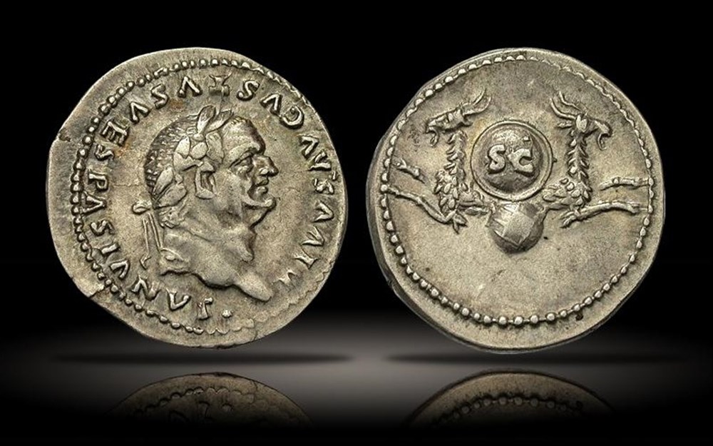 Roman Empire: ca. 80-81 AD silver denarius of Vespasian; commemorative issue struck by Titus 2 coins ancient to romans imperial and republican roman empire ca 80 81 ad silver denarius of vespasian commemorative issue struck by titus