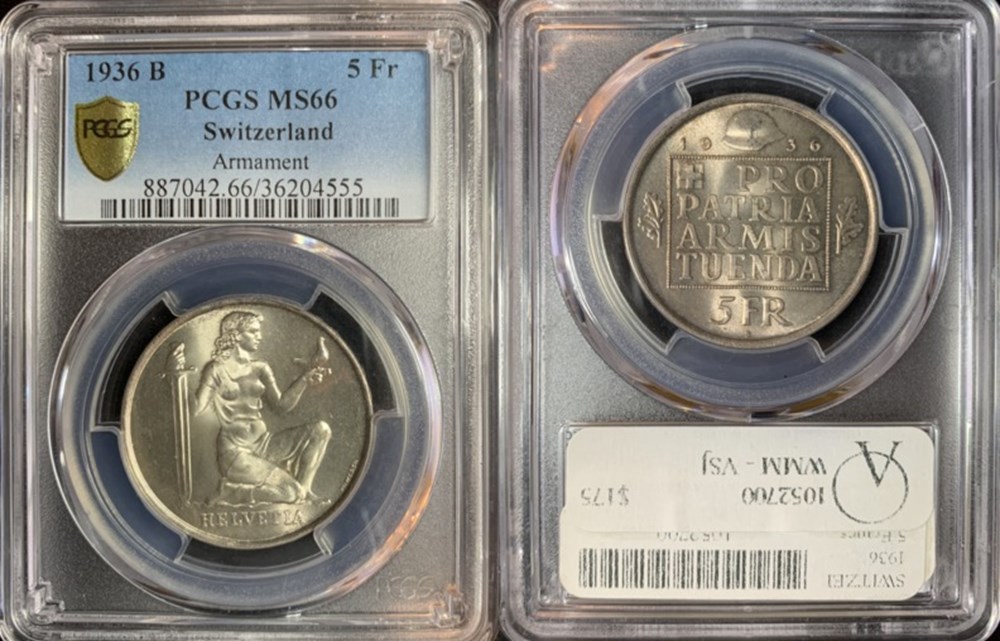 Switzerland: silver 5 francs, Armament commemorative, 1936-B 5 coins world switzerland silver 5 francs armament commemorative 1936 b