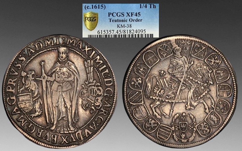 German States (Teutonic Order): ca. 1615 silver 1/4-thaler of Grand Master Maximilian of Austria coins european medieval other german states teutonic order ca 1615 silver 1 4 thaler of grand master maximilian of austria