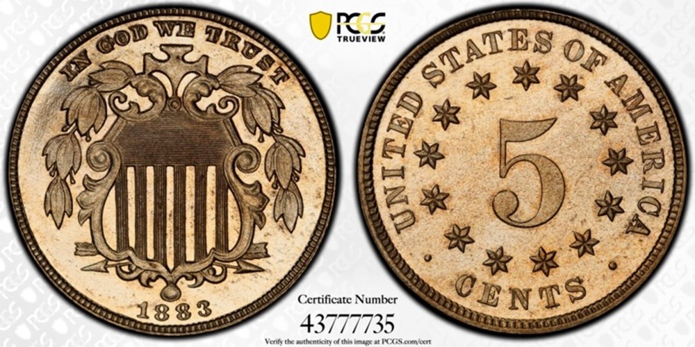United States: 1883 copper-nickel proof 5-cents, Shield type 2 coins united states 1883 copper nickel proof 5 cents shield type