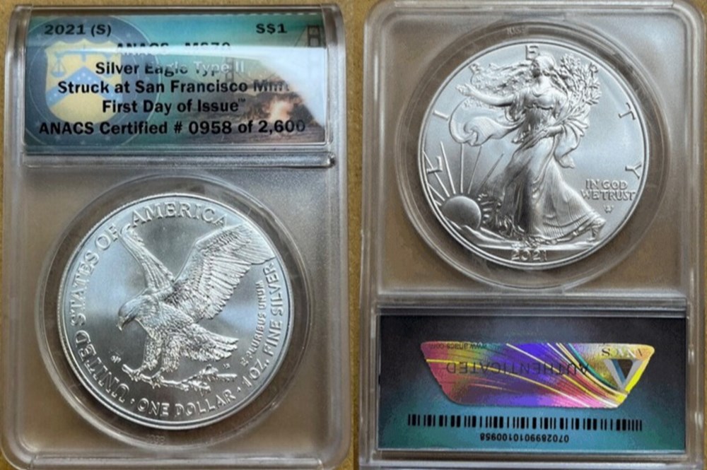 United States: 2021(S) Silver Eagle, Type II, first day issue (ANACS MS70) coins world united states 2021 s silver eagle type ii first day issue anacs ms70