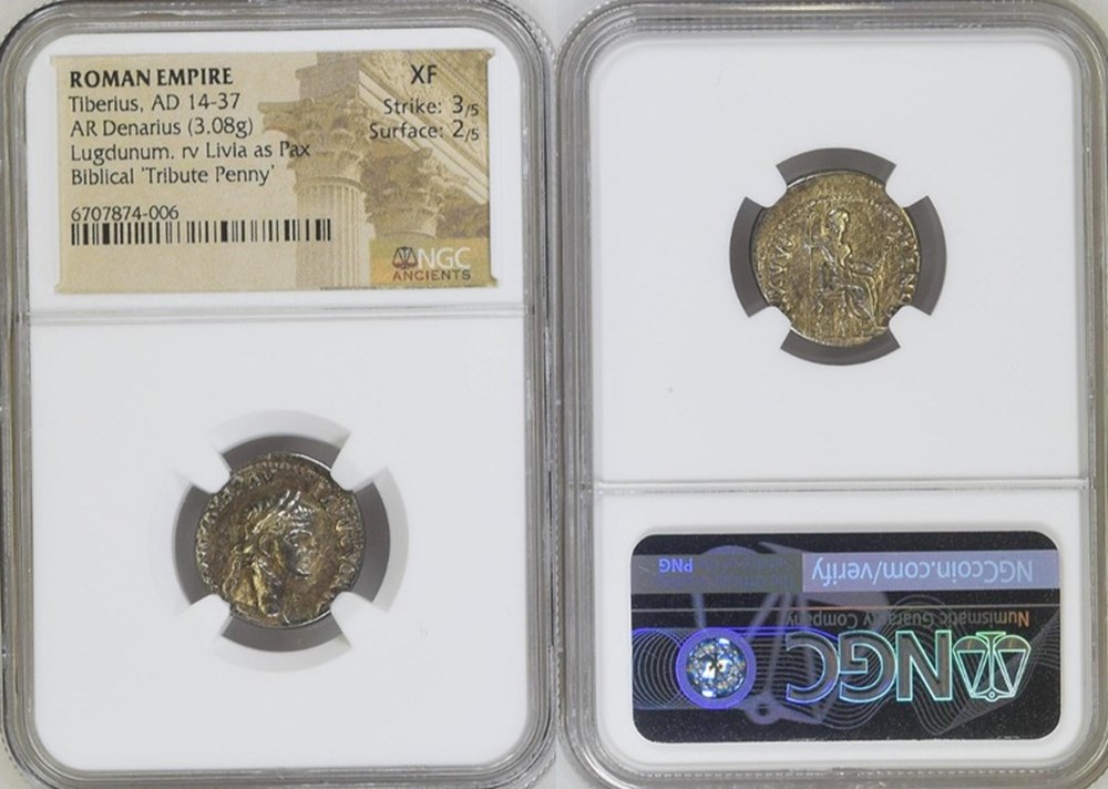 Roman Empire: ca. 14-37 AD silver denarius of Tiberius (the biblical "Tribute Penny") 5 coins ancient to romans imperial and republican roman empire ca 14 37 ad silver denarius of tiberius the biblical tribute penny