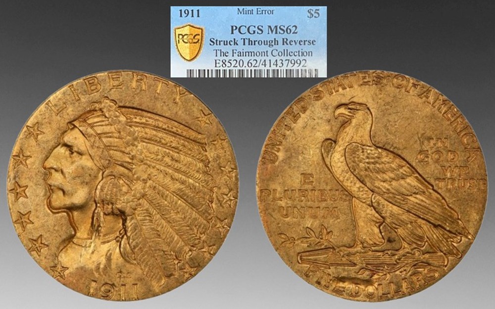 United States: 1911 gold Indian Head half eagle ($5.00), Reverse Struck Through mint error coins world united states 1911 gold indian head half eagle 5 00 reverse struck through mint error