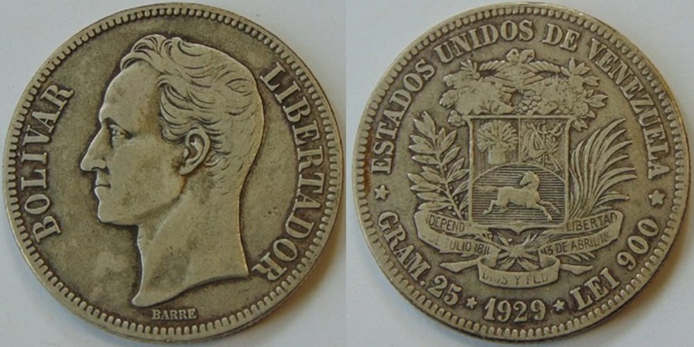 Venezuela: 1929 (p) silver 5-Bolivares, High 9 (?) variety coins world venezuela 1929 p silver 5 bolivares high 9 variety