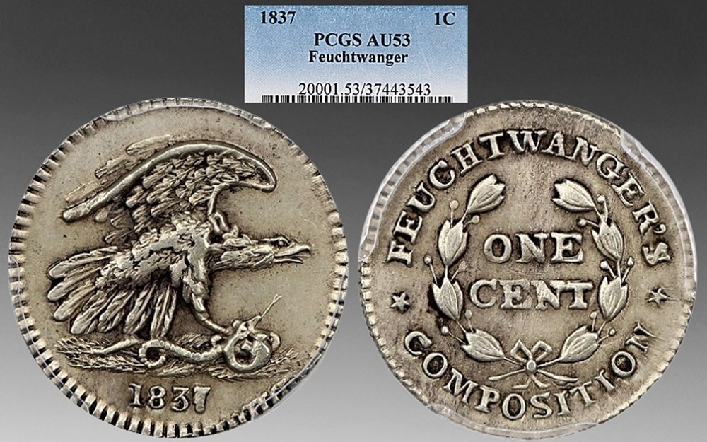 United States (New York): nickel silver private pattern cent, Feuchtwanger's Composition, 1837 coins exonumia tokens weights united states new york nickel silver private pattern cent feuchtwanger s composition 1837