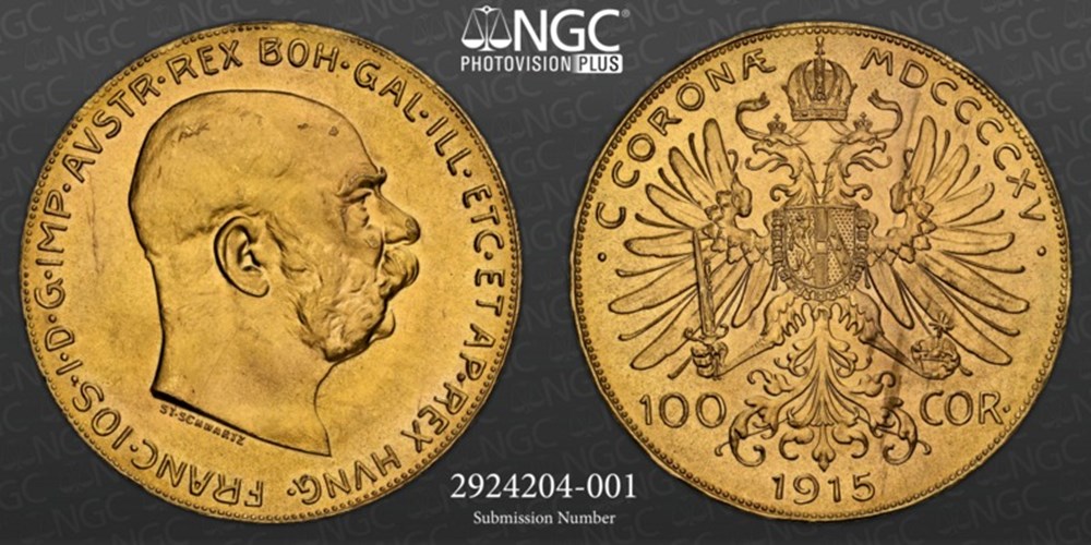 Austria: 1915 gold 100-corona of Franz-Josef I, official restrike 2 coins world austria 1915 gold 100 corona of franz josef i official restrike