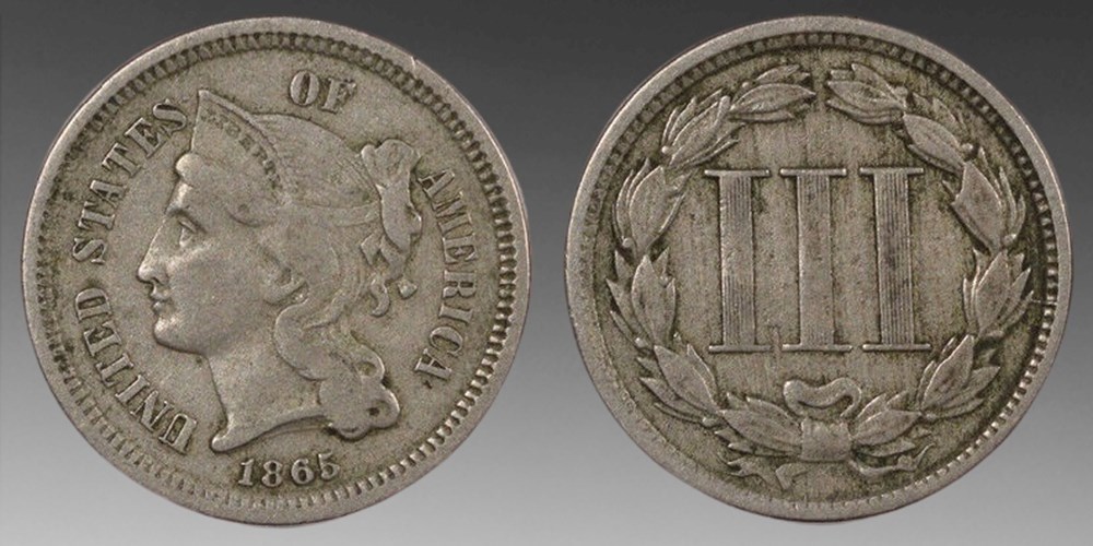 United States: copper-nickel 3-cent piece, 1865 coins world united states copper nickel 3 cent piece 1865