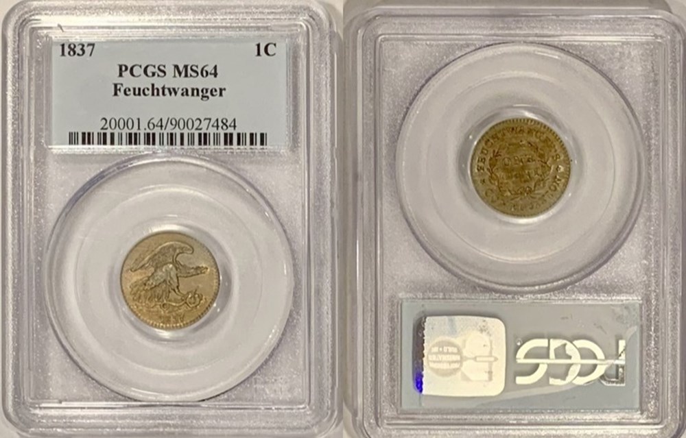 United States (New York): 1837 nickel silver private pattern cent, Feuchtwanger's Composition 4 coins exonumia tokens weights united states new york 1837 nickel silver private pattern cent feuchtwanger s composition