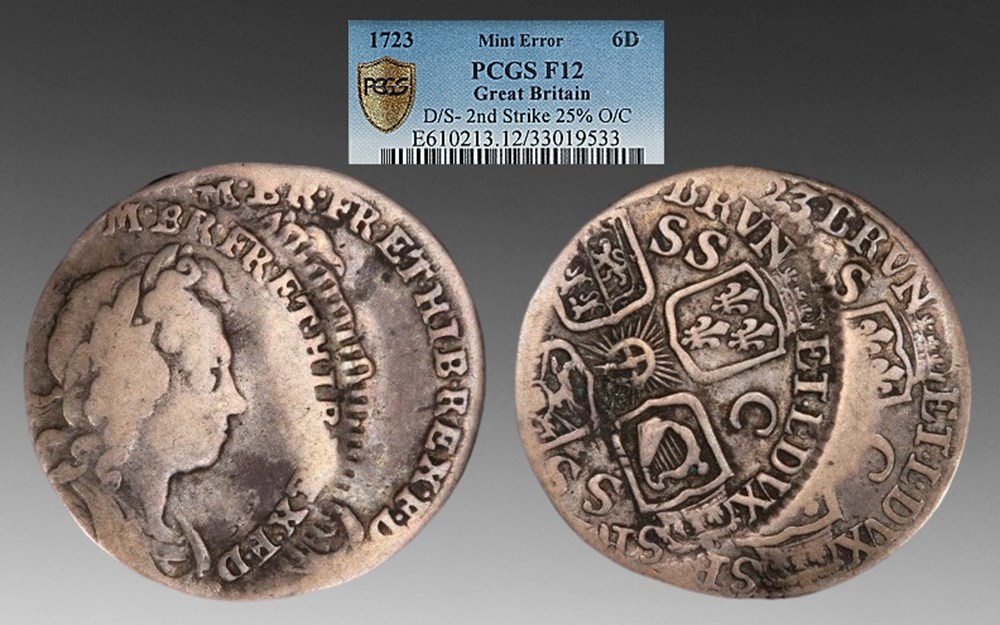 Great Britain: 1723 silver South Sea Company sixpence of George I, double-struck mint error coins european medieval to kingdom england great britain 1723 silver south sea company sixpence of george i double struck mint error