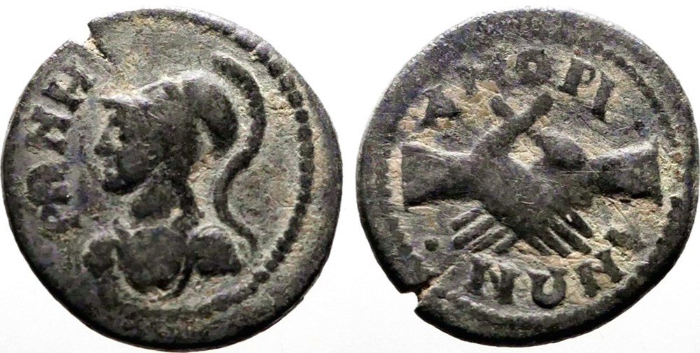 Phrygia, Amorium: ca. 160-220 AD bronze pseudo-autonomous Æ16, Roma / Clasped Hands coins ancient greek phrygia amorium ca 160 220 ad bronze pseudo autonomous 16 roma clasped hands