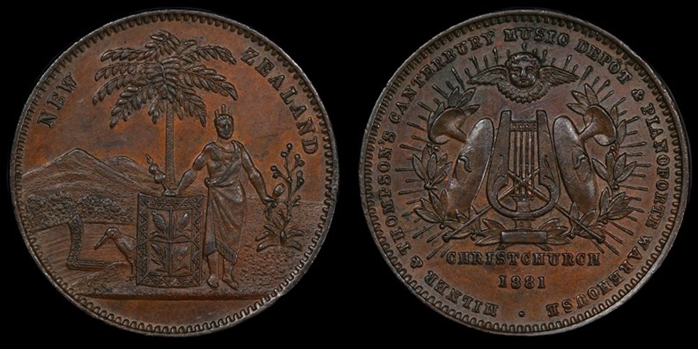 New Zealand (Christchurch): 1881 bronze merchant token, Milner & Thompson's Music Depot 3 coins exonumia tokens weights new zealand christchurch 1881 bronze merchant token milner thompson s music depot