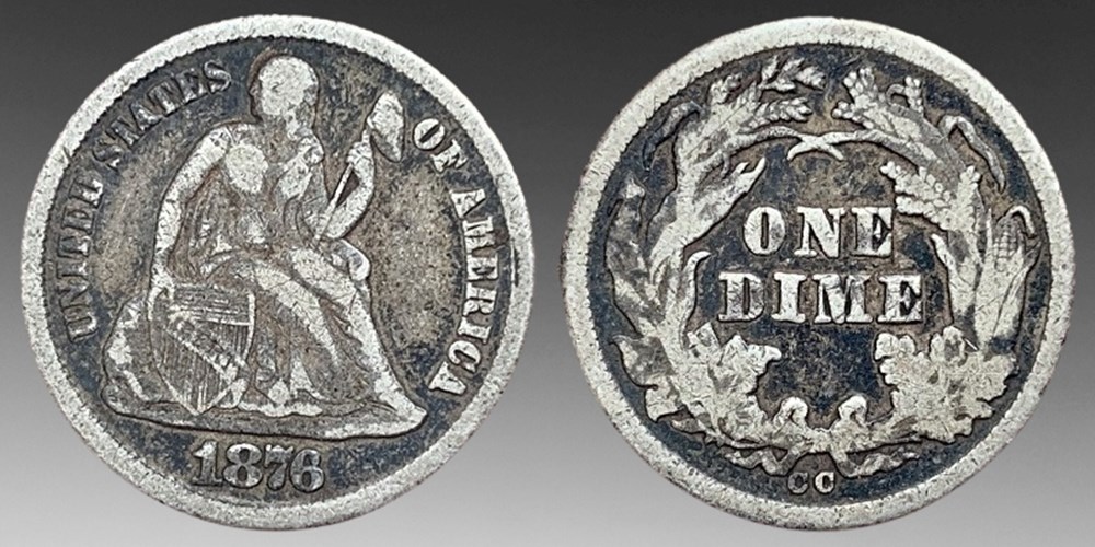 United States: silver Seated Liberty dime, 1876-CC coins world united states silver seated liberty dime 1876 cc