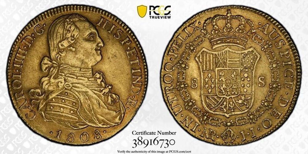 Colombia (Spanish Colonial): 1808-NR JJ gold 8-escudos of Charles IV 2 coins world colombia spanish colonial 1808 nr jj gold 8 escudos of charles iv