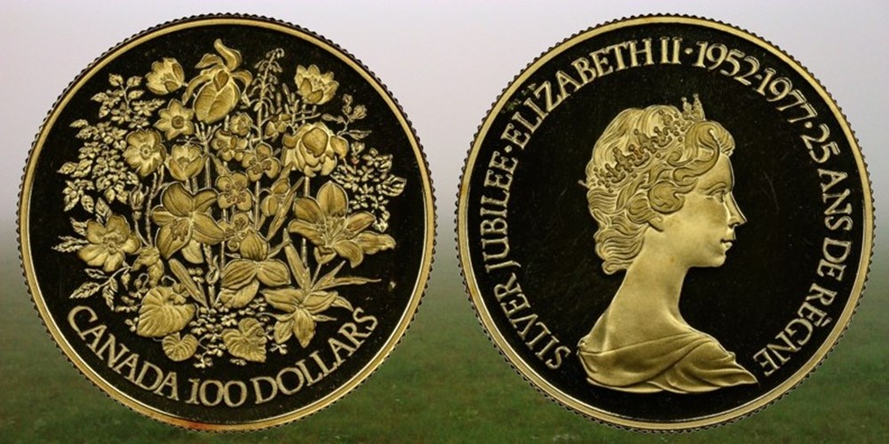 coins world canada 1977 gold proof 100 dollars of elizabeth ii silver jubilee issue