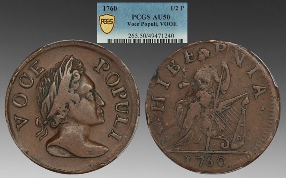 coins world united states british colonial 1760 copper voce populi halfpenny vooe variety