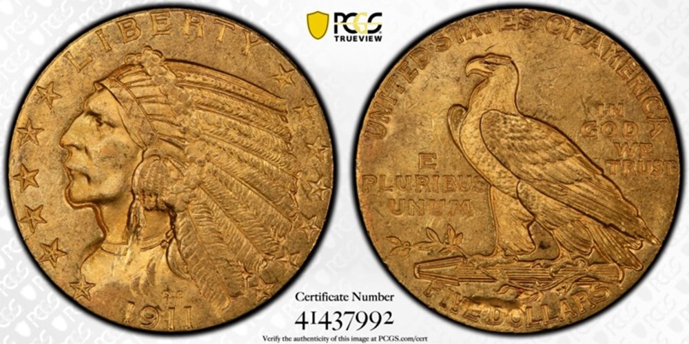United States: 1911 gold Indian Head half eagle ($5.00), Reverse Struck Through mint error 2 coins world united states 1911 gold indian head half eagle 5 00 reverse struck through mint error