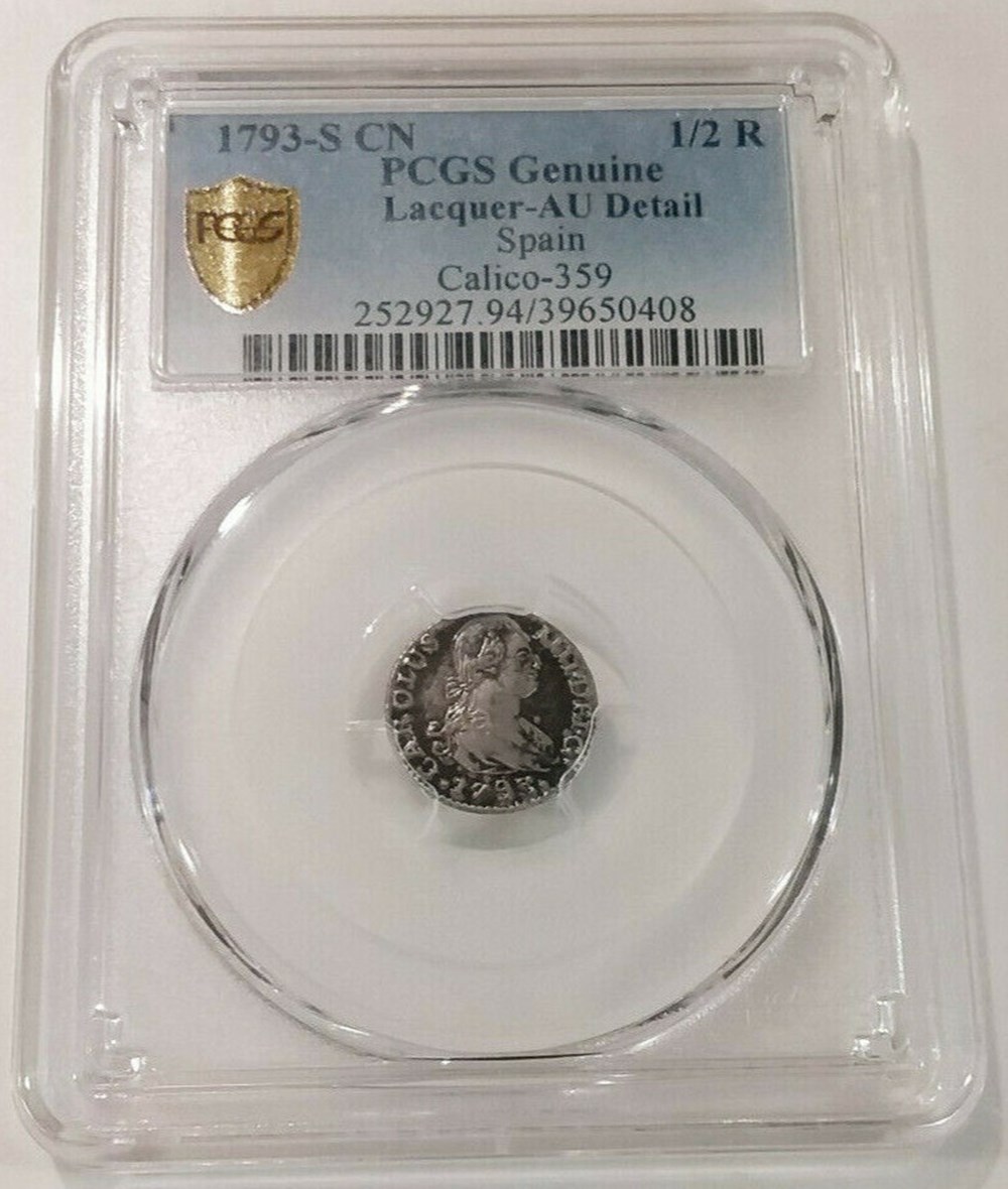 Spain: 1793-S CN silver half-real of Charles IV (PCGS AU details) 2 coins world spain 1793 s cn silver half real of charles iv pcgs au details
