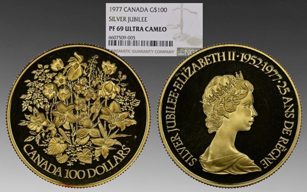 coins world canada 1977 gold proof 100 dollars of elizabeth ii silver jubilee issue